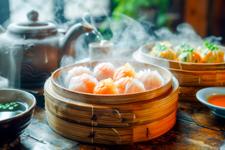 Assorted steaming dim sum in bamboo steamers, accompanied by Chinese tea, creating a traditional dining experience.の素材
