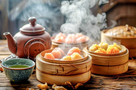 Assorted steaming dim sum in bamboo steamers, accompanied by Chinese tea, creating a traditional dining experience.の素材