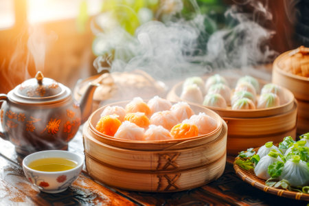 Assorted steaming dim sum in bamboo steamers, accompanied by Chinese tea, creating a traditional dining experience.の素材