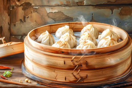 Hot, steaming dumplings served in a traditional bamboo steamer, showcasing the warmth and flavor of Asian cuisine.の素材