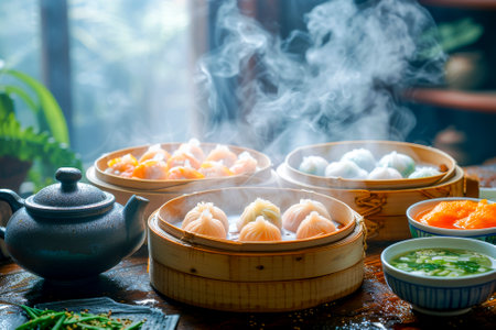 Assorted steaming dim sum in bamboo steamers, accompanied by Chinese tea, creating a traditional dining experience.の素材