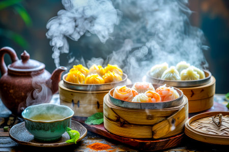 Assorted steaming dim sum in bamboo steamers, accompanied by Chinese tea, creating a traditional dining experience.の素材