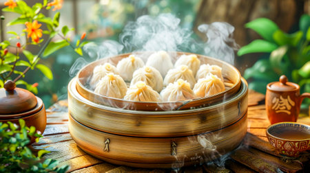 Hot, steaming dumplings served in a traditional bamboo steamer, showcasing the warmth and flavor of Asian cuisine.の素材