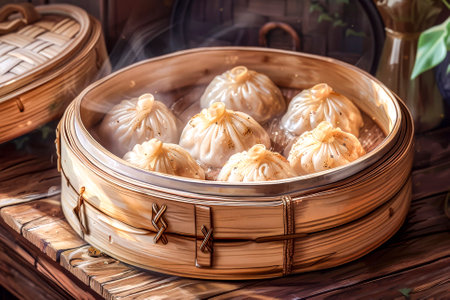 Hot, steaming dumplings served in a traditional bamboo steamer, showcasing the warmth and flavor of Asian cuisine.の素材