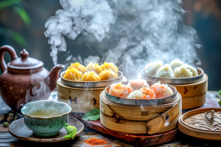 Assorted steaming dim sum in bamboo steamers, accompanied by Chinese tea, creating a traditional dining experience.の素材