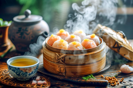 Assorted steaming dim sum in bamboo steamers, accompanied by Chinese tea, creating a traditional dining experience.の素材