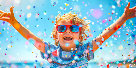 Joyful child in red sunglasses having fun with water sprinkles on a sunny day, symbolizing pure happiness and playfulness.の素材