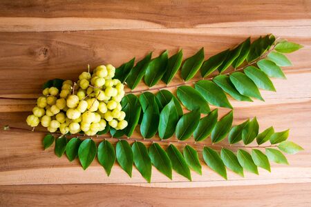 Star gooseberry with green left on wood backgroundの写真素材