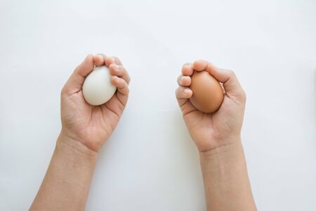 Hand with eggs  isolated on white backgroundの写真素材