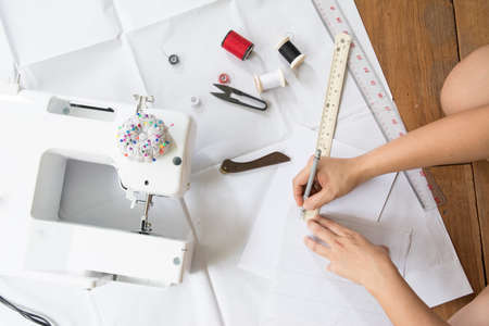 Dressmaker's desk sewing machine and Fabric cutting tools