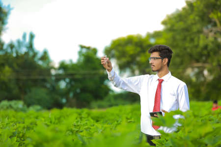 young indian handsome agronomist with test tube and tabletの写真素材