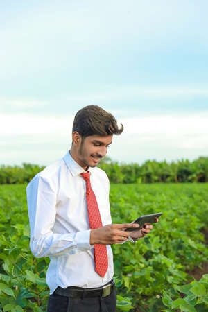 young handsome agronomist inspecting cotton field with tablet