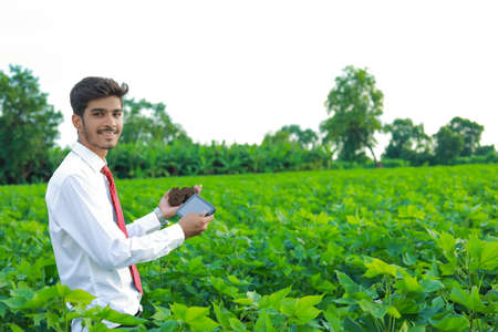 Young agronomist checking soil quality at fieldの写真素材