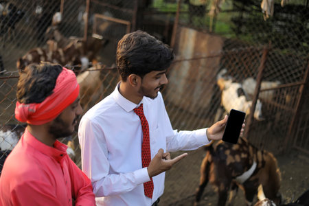 Indian banker or animal husbandry officer showing smart phone with farmer at goat dairy farmの写真素材
