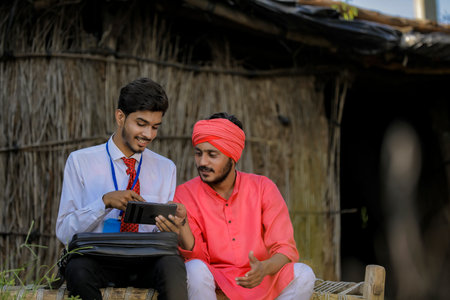 Young indian agronomist or banker showing some information to farmer in smart phone