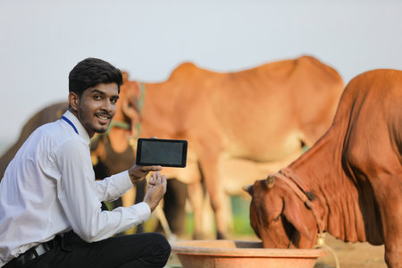 Indian banker or animal husbandry officer showing smart phone at cow dairy farmの写真素材