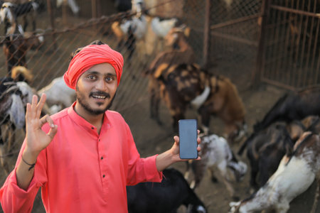 Young indian farmer showing smart phone at goat dairy farmの写真素材