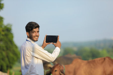 Indian banker or animal husbandry officer taking photo cow photo in smart phoneの写真素材