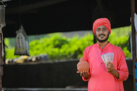 Young indian farmer holding clay piggy bank and showing money in handの写真素材