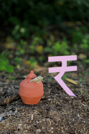 Indian rupees symbol and clay piggy bank
