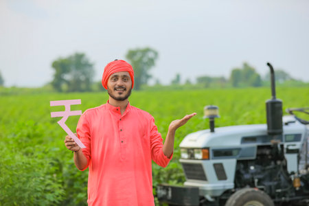 Young indian farmer showing indian rupees symbol at agriculture fieldの写真素材