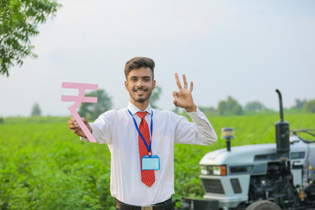 Young indian agronomist or banker showing indian rupees symbol at agriculture fieldの写真素材