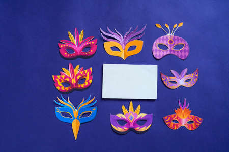 Concept of carnival festival : Multi color carnival mask and black mustacheの写真素材