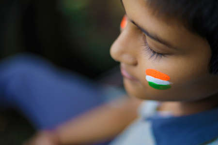 young indian child with indian flag on faceの写真素材