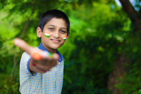young indian child with indian flag on face