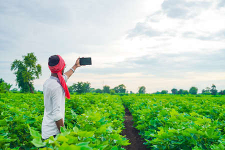 young indian farmer take selfie in smartphoneの写真素材