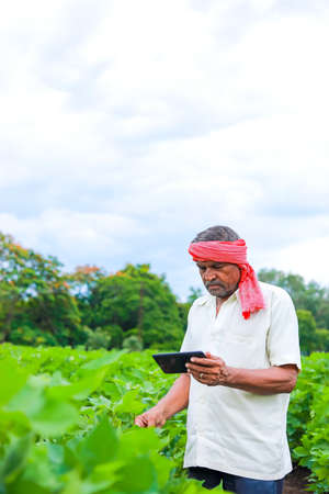 young indian farmer using smartphone at fieldの写真素材
