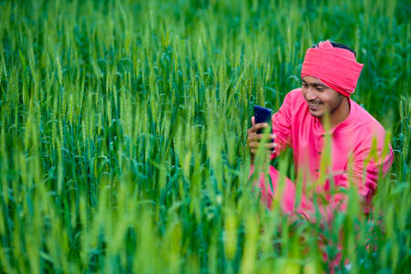 Young indian farmer using smartphone at wheat fieldの写真素材