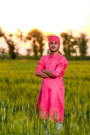 Young indian farmer standing at green wheat fieldの写真素材