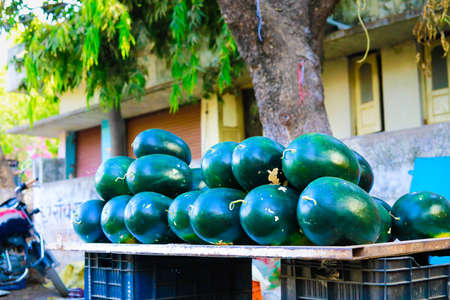 Indian man selling fresh fruit at indian fruit marketの写真素材