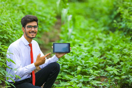 Technology and people concept, Young indian agronomist showing tablet at fieldの写真素材