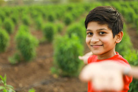 cute indian child at agriculture fieldの写真素材