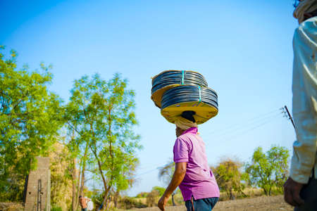 Indian farmer or labour Drip irrigation pipe assemble in agriculture field. rural scene.