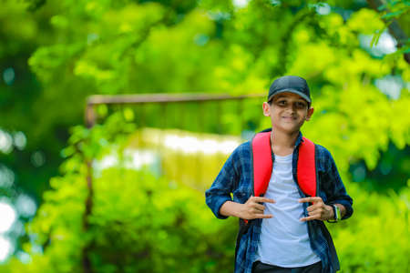Indian cute schoolboy with backpack, Back to school conceptの写真素材