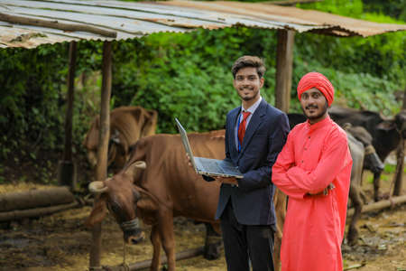 Young indian banker using laptop at dairy farmの写真素材