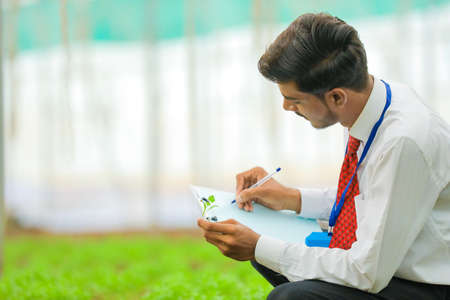 Young Indian agronomist using notepad for collecting some information at greenhouseの写真素材
