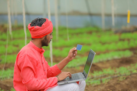 Young indian farmer using laptop at greenhouse or polyhouseの写真素材