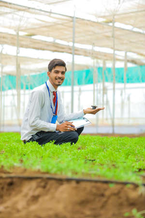Young Indian agronomist holding small plant in hand and collecting some information at greenhouseの写真素材