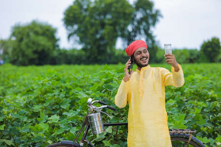 Young indian farmer talking on mobile phone and showing money at cotton fieldの写真素材