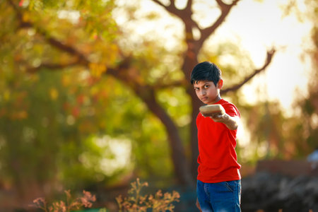 Rural Indian Child Playing Cricketの写真素材