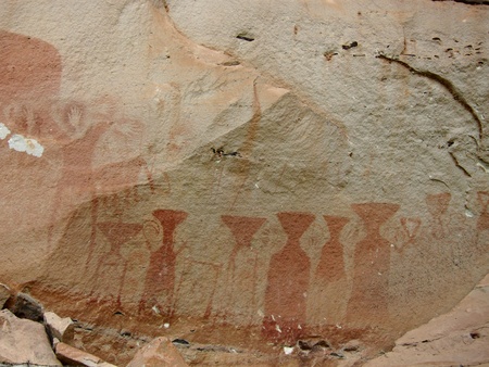 Ancient Graffiti of Vases human hands at Pha Taem National Park,Ubon Ratchathani province,Thailandの写真素材