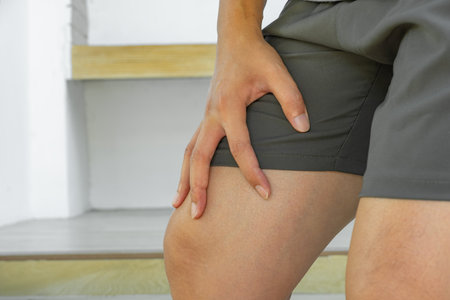Sudden thigh pain while walking downstairsâ€”possible muscle or tendon strain. Ideal for ads on...