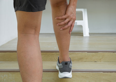 Asian male athlete grips sore calf post-run on stairsâ€”possible gastrocnemius strain or DOMS....