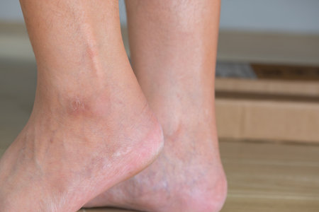Dry, cracked ankle skin with visible varicose veinsâideal for ads promoting foot care, vein treatment, skin hydration, and vascular health solutions.の写真素材