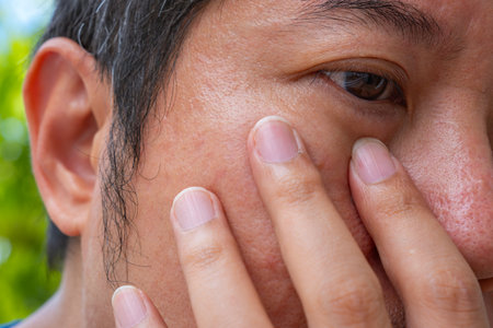 Close-up of Asian man touching irritated eye, showing signs of conjunctivitis or allergic reaction. Medical concept for eye infection, redness, or inflammation.の写真素材