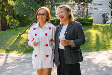 Asian women walking and talking joyfully. Celebrate friendship, wellness, and everyday happiness in nature.の写真素材